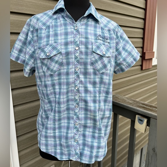 Harley-Davidson Tops - Harley Davidson Women’s Shirt size 1W short Sleeve Plaid Blue Embroidered.